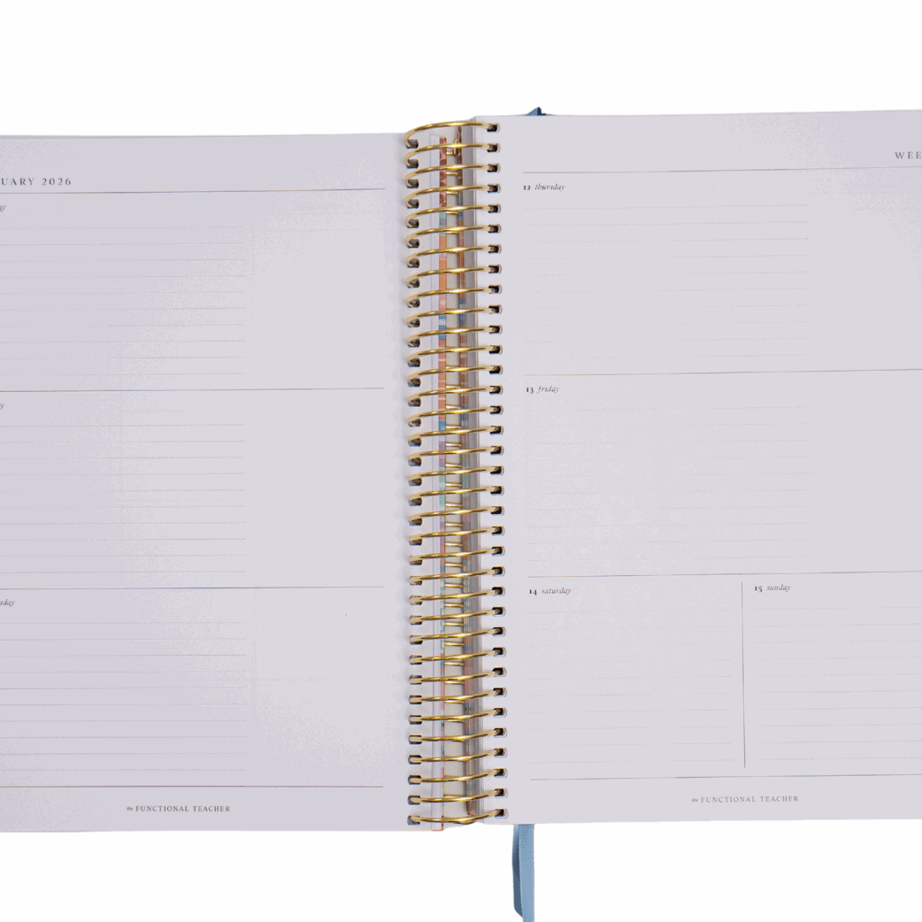 Open spiral-bound planner with lined pages on a white background