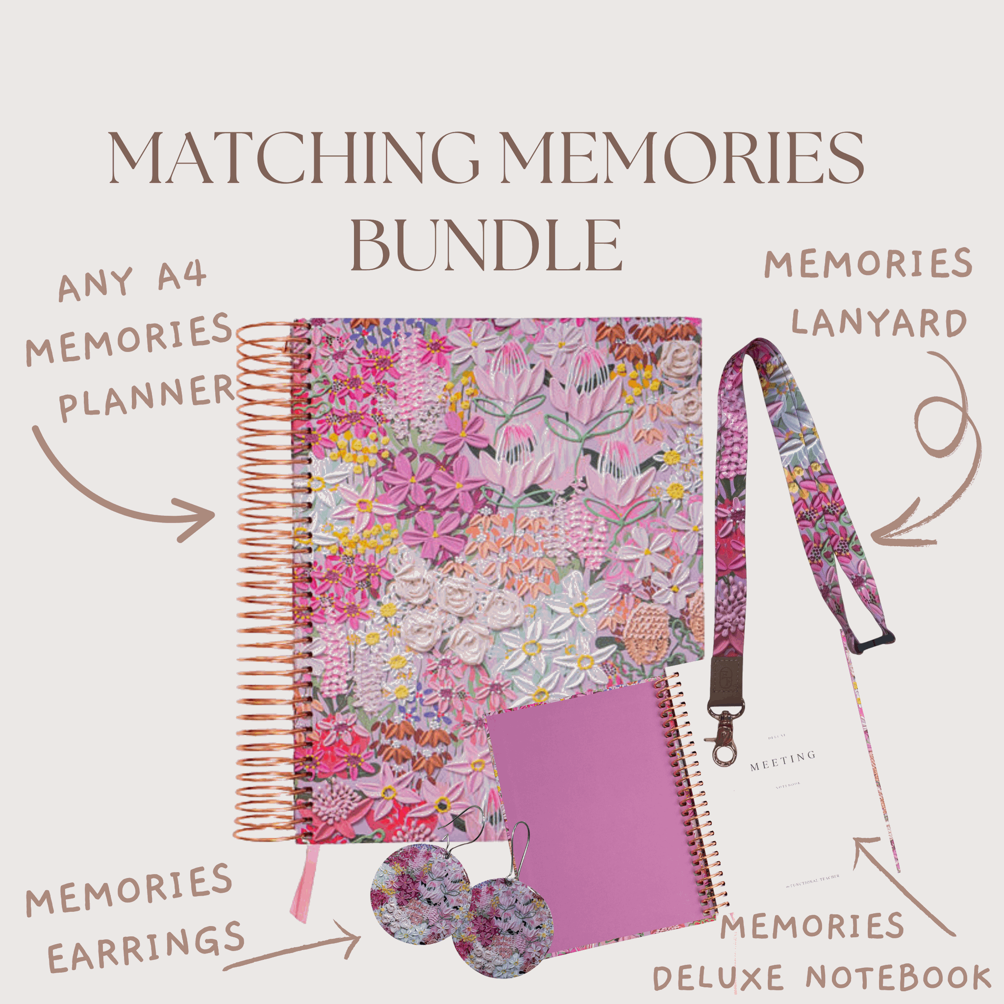 Matching Memories Bundle with planner, lanyard, earrings, and notebook on a white background