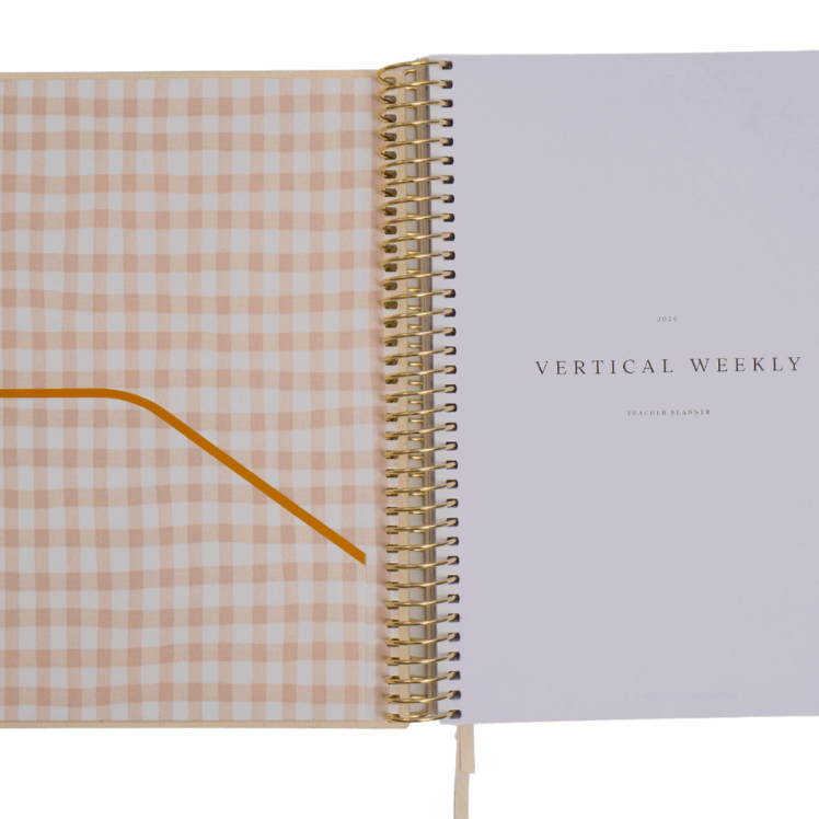 Open spiral-bound planner with checkered cover and 'Vertical Weekly' title on white background
