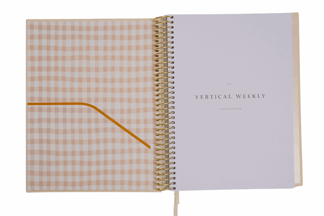 Open spiral-bound planner with checkered cover and 'Vertical Weekly' title on white background