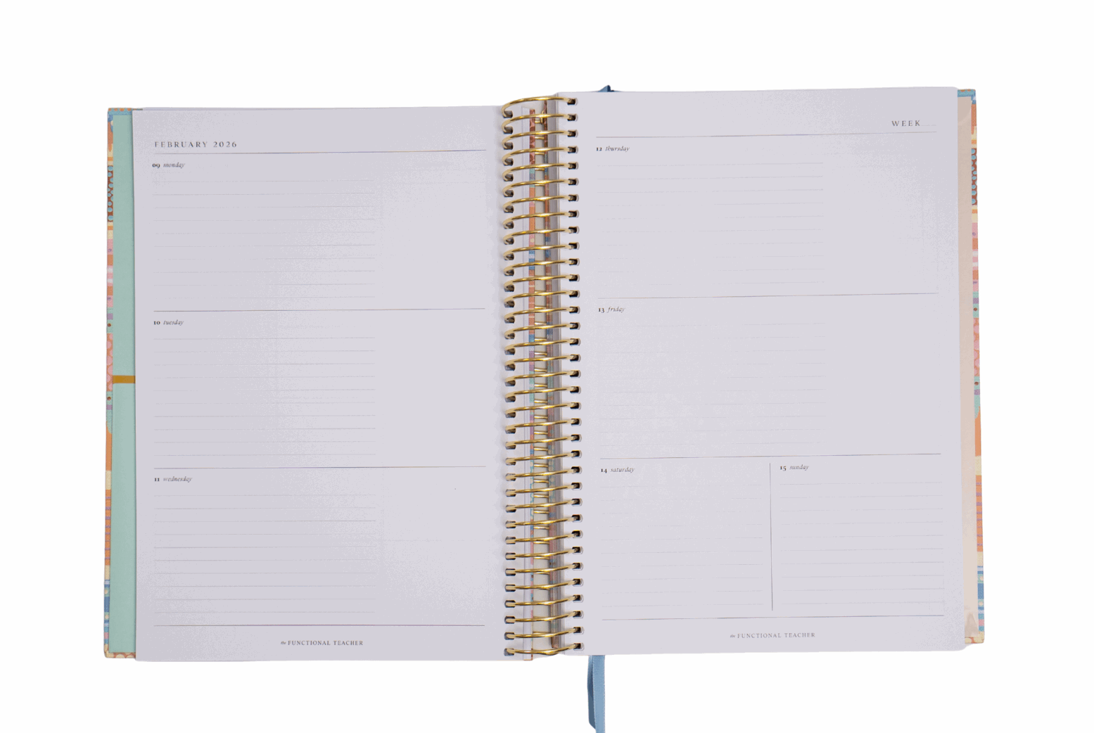 Open spiral-bound planner with lined pages on a white background