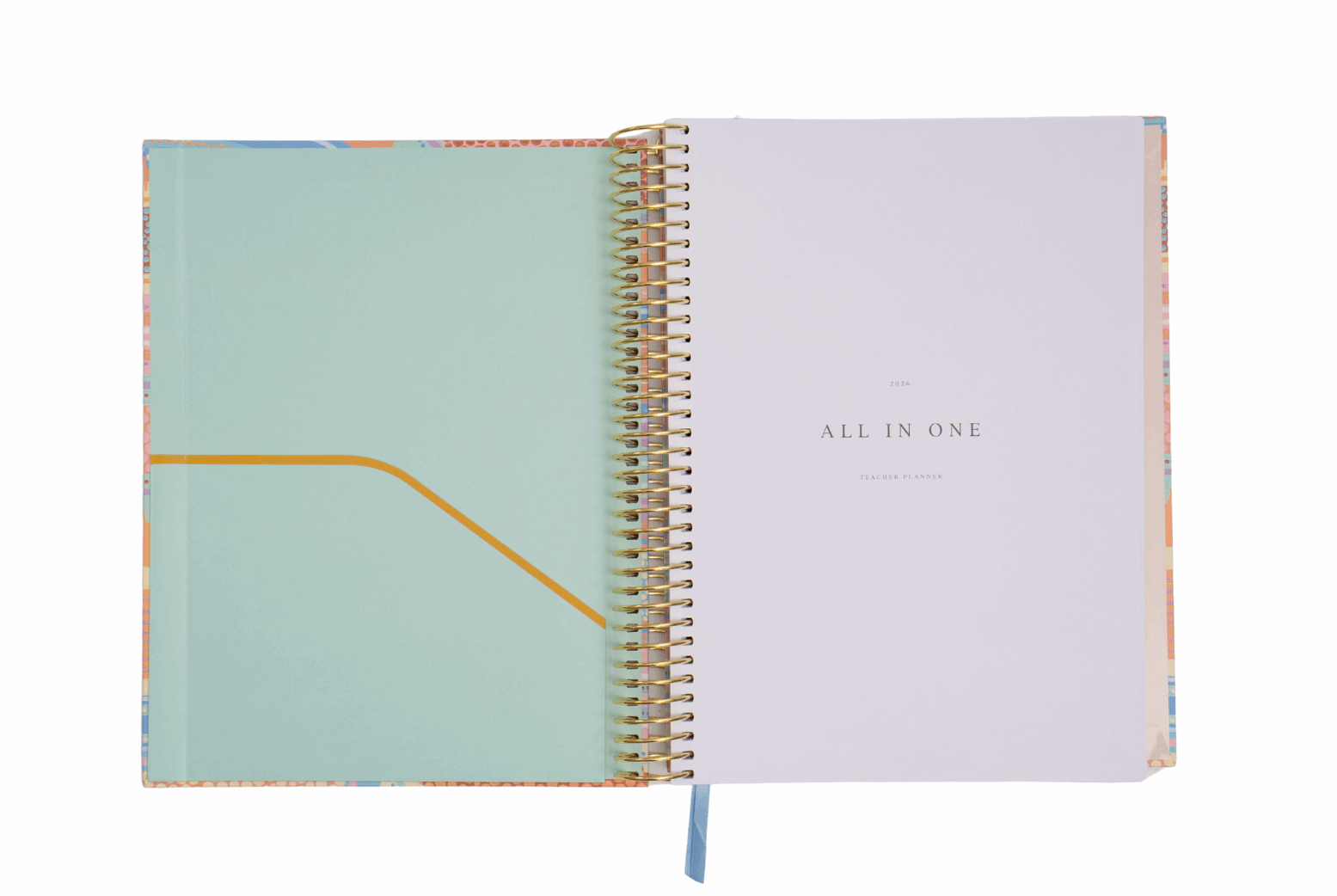 Open notebook with a light blue cover and white interior on a white background