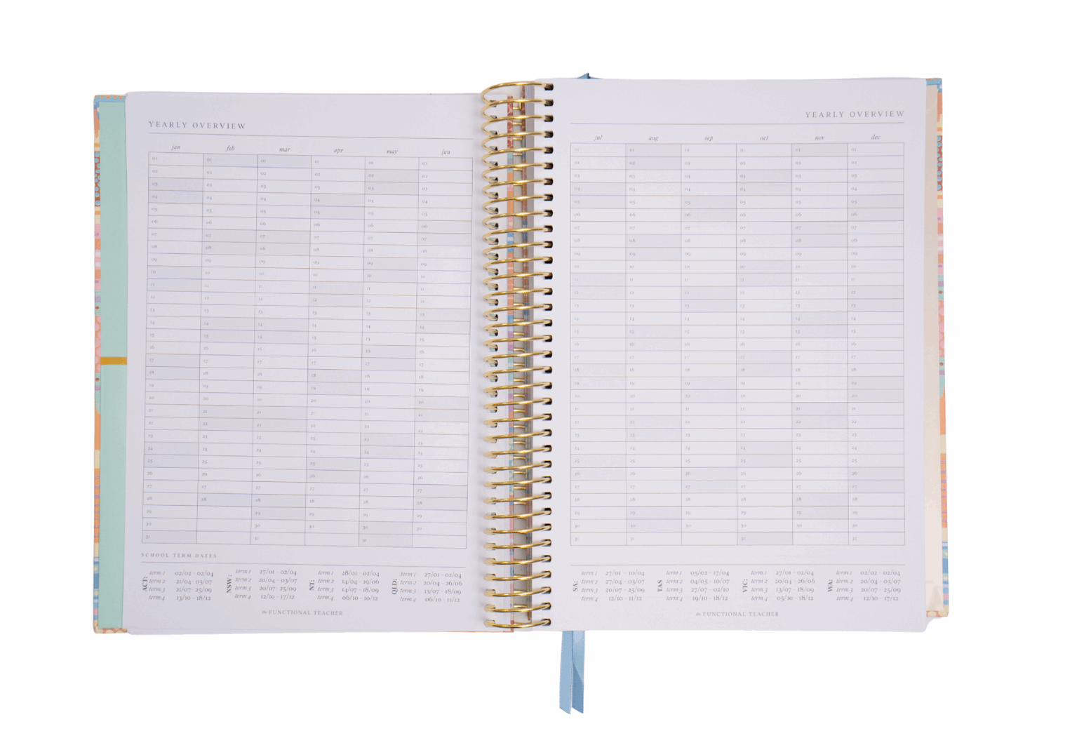 Open spiral-bound planner with grid layout on white background
