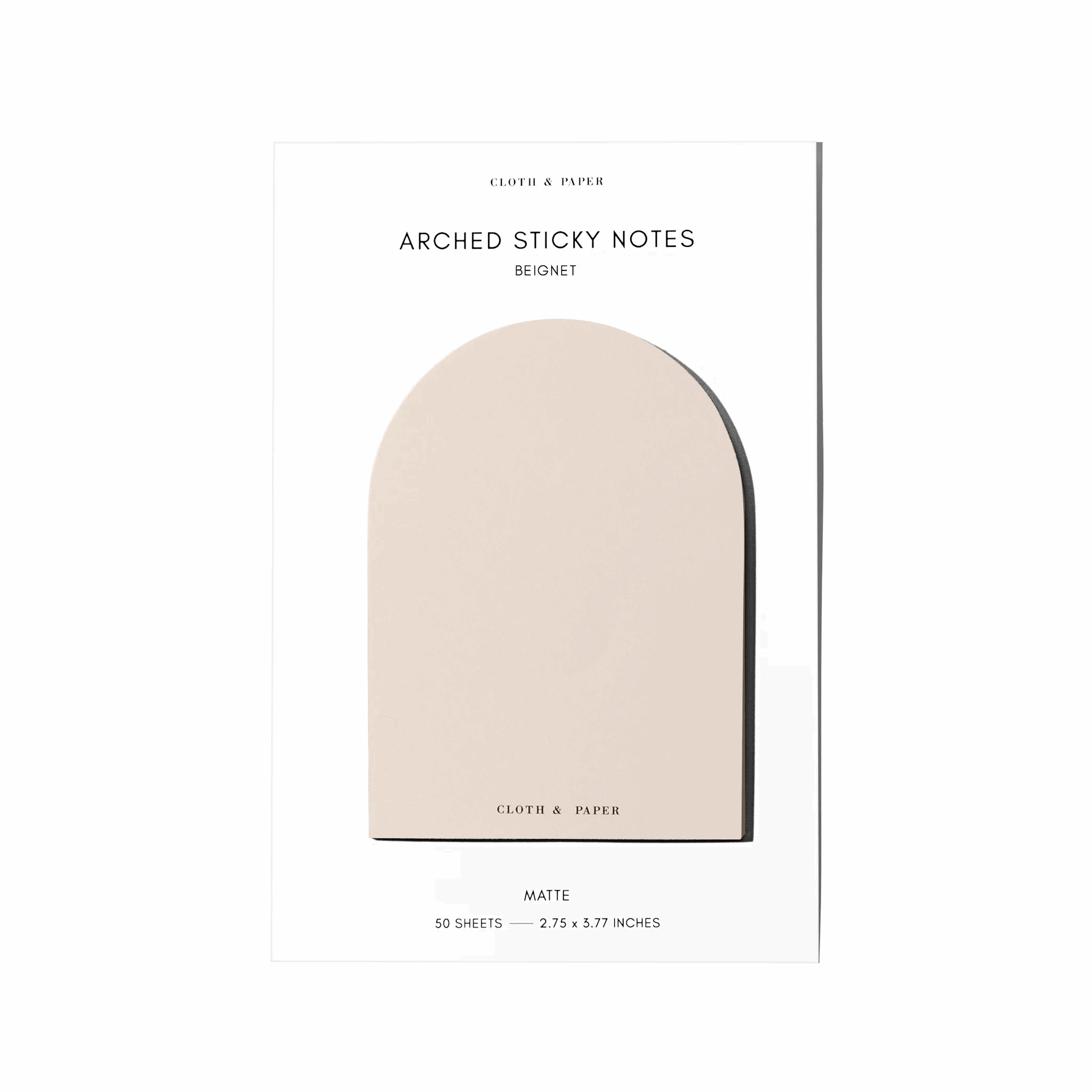 Beige arch-shaped sticky notes with packaging on a white background