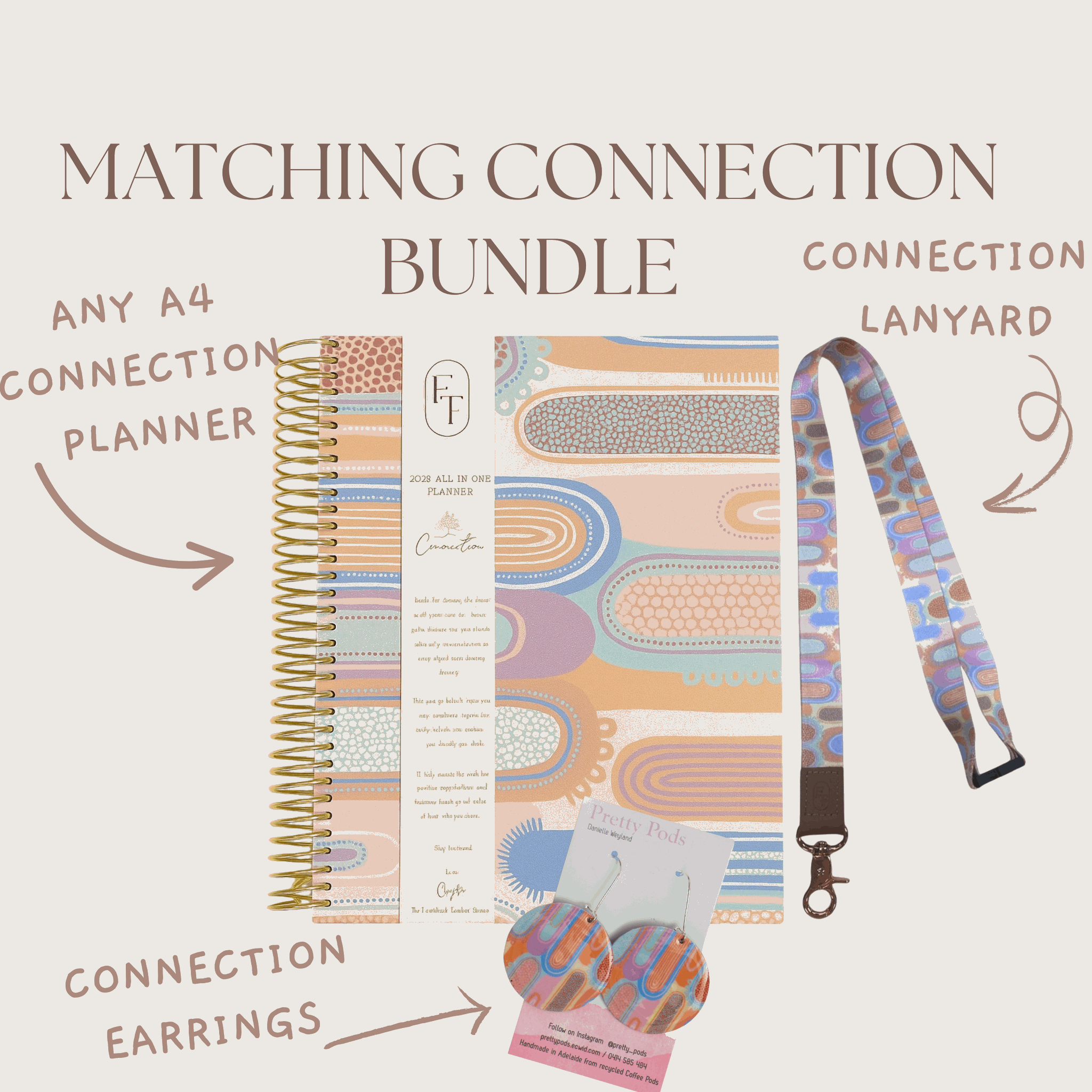 Matching Connection Bundle with planner, lanyard, and earrings on a white background