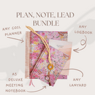 Product bundle with floral planner, logbook, and lanyard on a light background