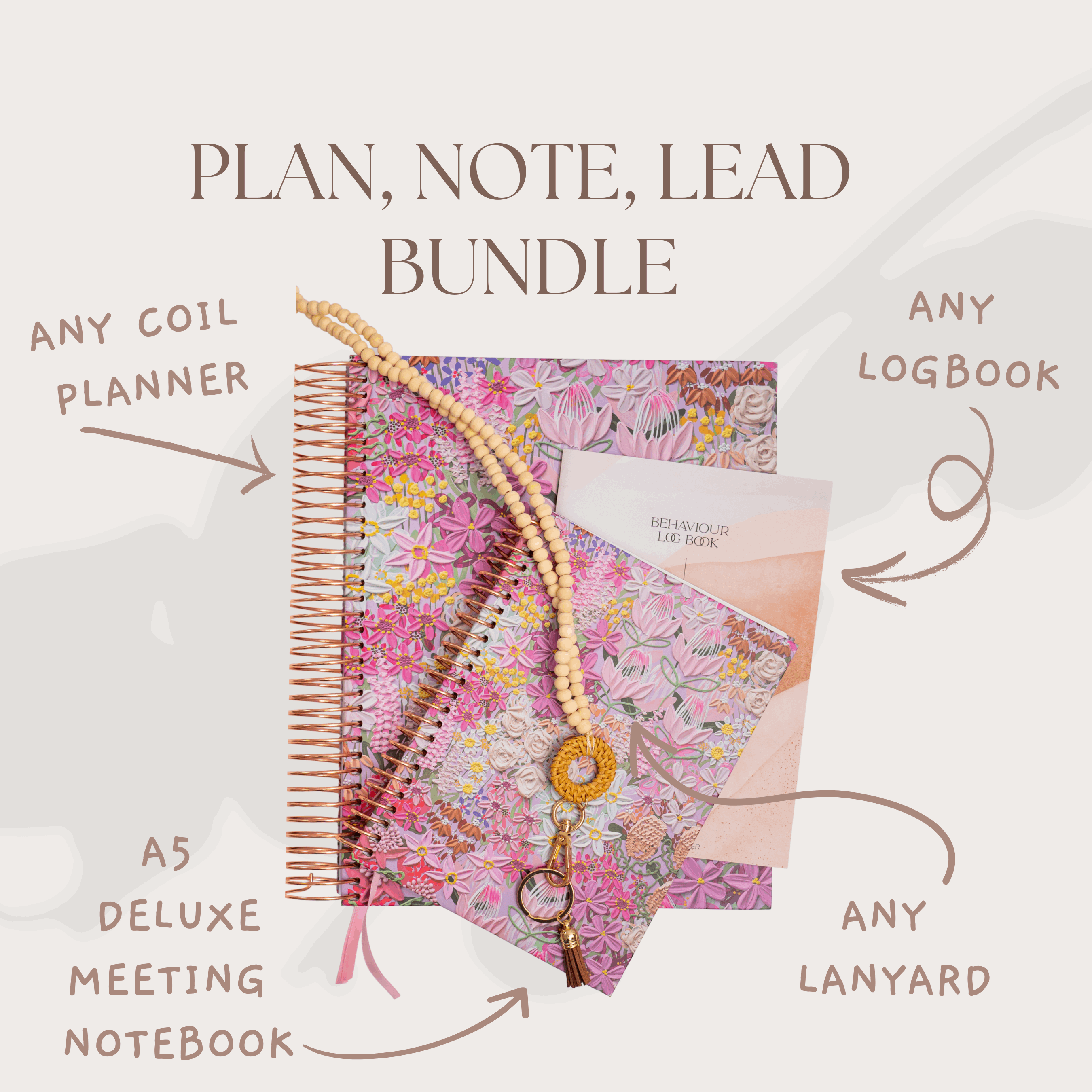 Product bundle with floral planner, logbook, and lanyard on a light background
