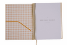 Open spiral-bound planner with checkered cover and 'Vertical Weekly' title on white background
